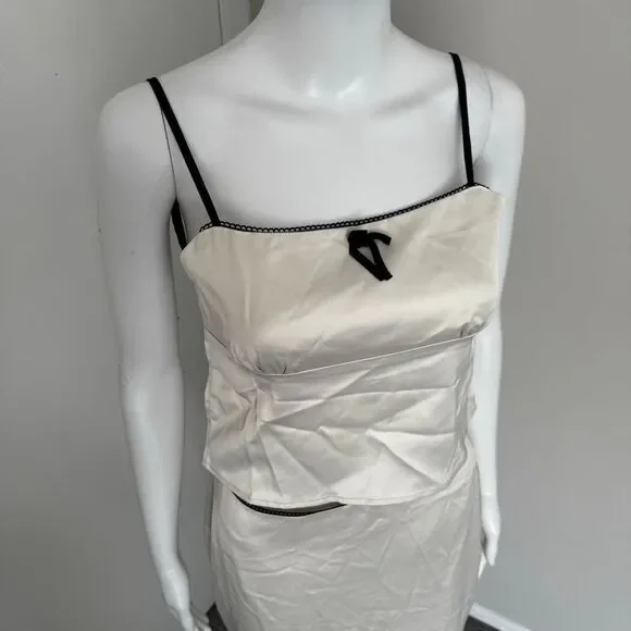 Commense Satin Elegant beige Spaghetti Straps and Bow Detail Maxi Skirt set S - Picture 13 of 15